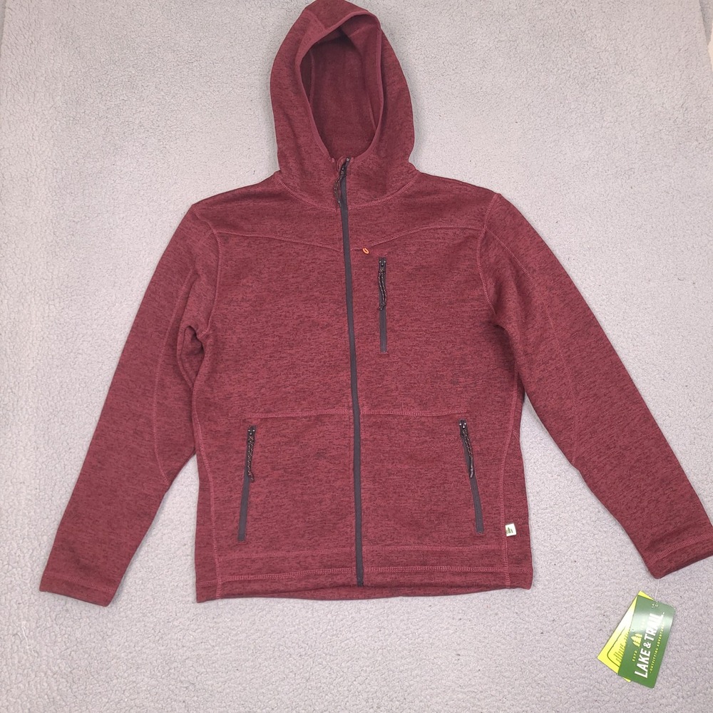 Lake & Trail Mens Full Zip‎ Jacket Hoodie Medium Burgundy Red Thermal Fleece NWT